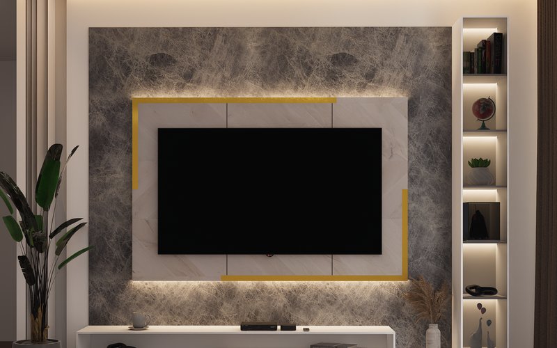 Contemporary living room with LED-lit TV wall, shelves, and modern decor — LED vs OLED vs QLED display technologies